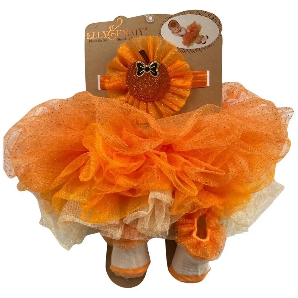 ELLY & EMMY 3 piece Baby Orange Pumpkin Fall Tutu Set 0 To 12 Month NWT